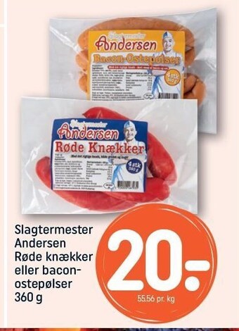 REMA 1000 Slagtermester Andersen røde knækker eller bacon ostepølser tilbud