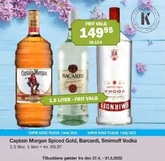 Captain Morgan Spiced Gold, Barcardi Smirnoff Vodka 1,5 Liter