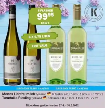 Købmandsgården Mertes Liebfraumilch, Turmfalke Riesling 6 x 0,75 Liter tilbud