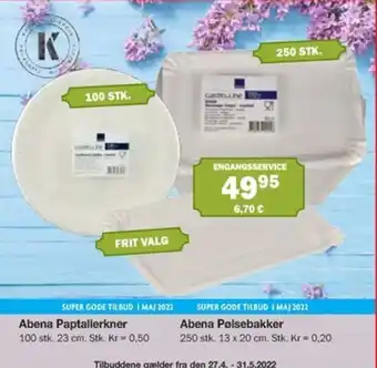 Købmandsgården Abena Paptallerkner 100 stk., Abena Polsebakker 250 stk. tilbud