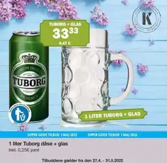 Købmandsgården 1 Liter Tuborg dåse + glas 1 Liter tilbud