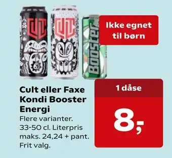Kvickly Cult eller Faxe Kondi Booster Energi tilbud