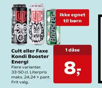 SuperBrugsen Cult eller Faxe Kondi Booster Energi tilbud