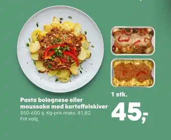 SuperBrugsen Pasta bolognese eller moussaka med kartoffelskiver tilbud
