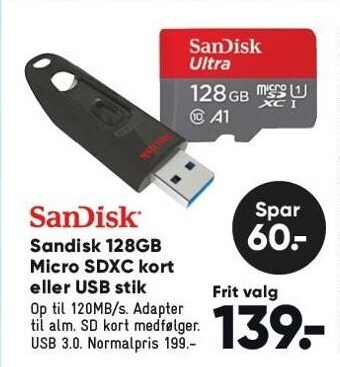Sandisk 128GB micro SDXC kort el. USB stik