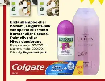 Kvickly Elida shampoo eller balsam, Colgate 1-pak tandpasta eller tand børster eller Rexona, Palmolive eller Nivea deodorant tilbud