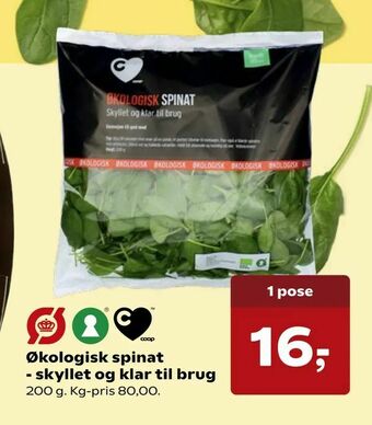 Kvickly Økologisk spinat - skyllet og klar til brug tilbud