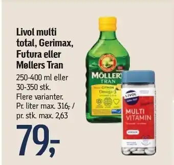 Føtex livol multi total, gerimax, futura el. møllers tran tilbud