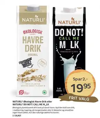Helsam Naturli' Økologisk havredrik eller do not call me m_lk tilbud
