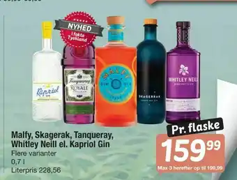 Malfy, Skagerak, Tanqueray, Whitley Neill el. Kapriol Gin
