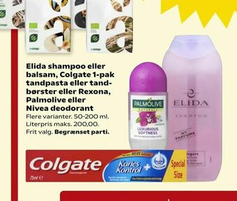 Kvickly Elida shampoo eller balsam, Colgate 1-pak tandpasta eller tand børster eller Rexona, Palmolive eller Nivea deodorant tilbud