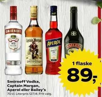 Kvickly Smirnoff Vodka, Captain Morgan, Aperol eller Bailey's tilbud