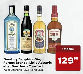 Kvickly Bombay Sapphire Gin, Fernet Branca, Linie Aquavit eller Southern Comfort tilbud
