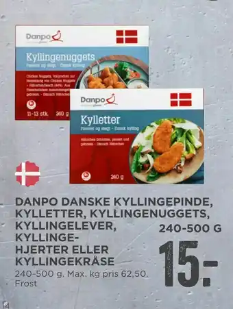 MENY Danpo danske kyllinge pinde, kylletter, kyllingenuggets, kyllingelever, kyllinge- hjerter eller kyllingekråse tilbud