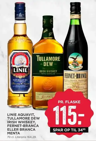 MENY Linie aquavit, tullamore dew irish whiskey, fernet-branca eller branca menta tilbud