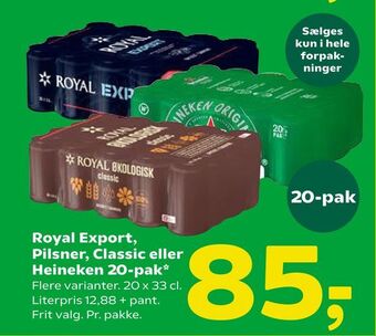 Coop 365 Royal Export, Pilsner, Classic eller Heineken 20-pak tilbud