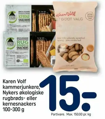 REMA 1000 Karen Volf kammerjunkere, Nykers økologiske rugbrøds- eller kernesnackers tilbud