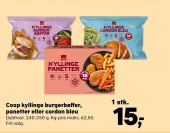 Kvickly Coop kyllinge burgerbøffer, panetter eller cordon bleu tilbud