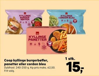 SuperBrugsen Coop kyllinge burgerbøffer, panetter eller cordon bleu tilbud