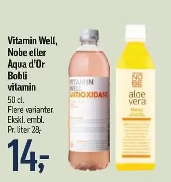 Føtex Vitamin Well, Nobe eller Aqua d'Or bobli vitamin tilbud