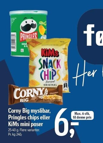 Føtex Corny big myslibar, Pringles chips eller Kims mini poser tilbud