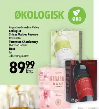 Ecologica Shiraz Malbec Reserve, Torrontes Chardonnay el. Rosé