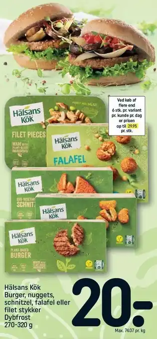 REMA 1000 Hälsans kök burger, nuggets, schnitzel, falafel el. filet stykker tilbud