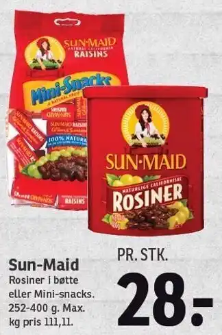 SPAR Sun-Maid rosiner i bøtte el. Mini snacks tilbud