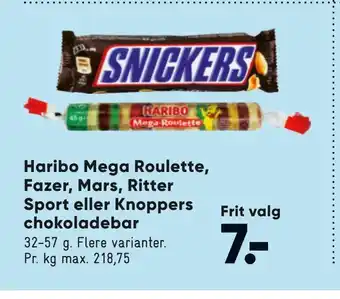 Bilka Haribo Mega Roulette, Fazer, Mars, Ritter Sport eller Knoppers chokoladebar tilbud