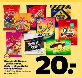Netto Skolekridt, Dumle, Tyrkisk Peber, Carletti skum i boks eller Favoritter tilbud