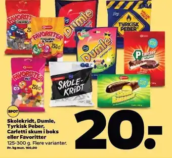 Netto Skolekridt, Dumle, Tyrkisk Peber, Carletti skum i boks el. favoritter tilbud