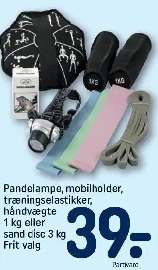 Pandelampe, mobilholder, træningselastikker, håndvægte