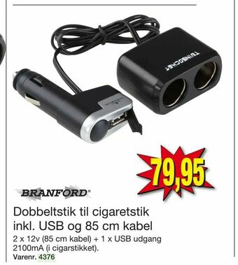 Harald Nyborg Dobbeltstik til cigaretstik inkl. USB og 85 cm kabel tilbud
