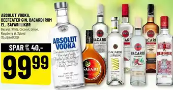 Absolut Vodka, Beefeater Gin, Bacardi Rom el. Safari Likør 70 cl