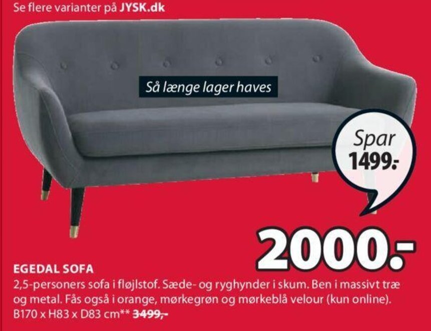 Egedal Sofa B170 x H83 x D83 cm tilbud hos JYSK