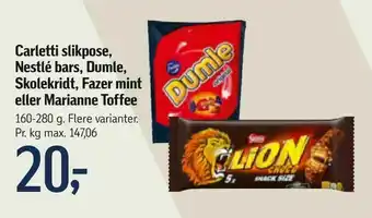 Føtex Carletti slikpose, Nestlé bars, Dumle, Skolekridt, Fazer mint eller Marianne Toffee tilbud