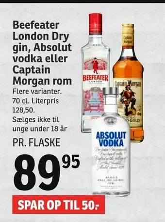 Beefeater London Dry gin, Absolut vodka eller Captain Morgan rom