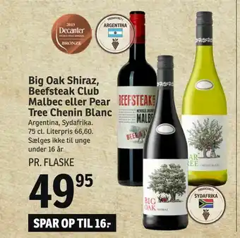 SPAR Big Oak Shiraz, Beefsteak Club Malbec eller Pear Tree Chenin Blanc tilbud