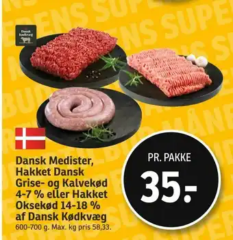 SPAR Dansk Medister, Hakket Dansk Grise- og Kalvekød 4-7 % eller Hakket Oksekød 14-18 % af Dansk Kødkvæg tilbud