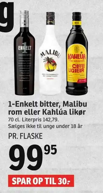 SPAR 1-Enkelt bitter, Malibu rom eller Kahlúa likør tilbud
