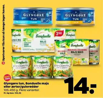 Netto Glyngøre tun, Bonduelle majs eller ærter/gulerødder tilbud