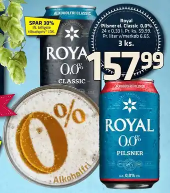 Fleggaard Royal Pilsner el. Classic 0,0% tilbud