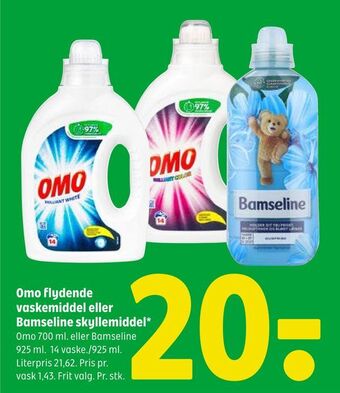 Coop 365 Omo flydende vaskemiddel eller Bamseline skyllemiddel tilbud