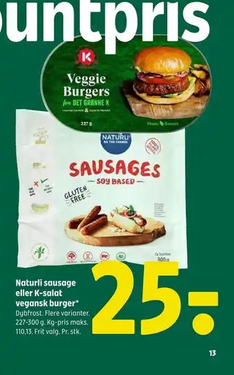 Coop 365 Naturli sausage eller K-salat vegansk burger tilbud