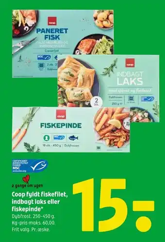 Coop 365 Coop fyldt fiskefilet, indbagt laks eller fiskepinde tilbud