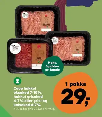 Kvickly Coop hakket oksekød 7-10%, hakket grisekød 4-7% eller gris- og kalvekød 4-7% tilbud