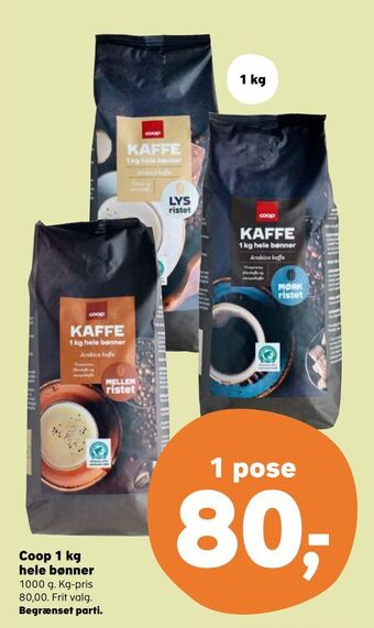 Kvickly Coop 1 kg hele bønner tilbud