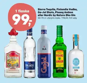 Sierra Tequila, Finlandia Vodka, Ga-Jol Shots, Pisang Ambon eller Nordic by Nature Øko Gin