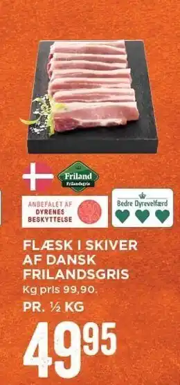 MENY Flæsk i skiver af dansk frilandsgris pr ½ kg tilbud