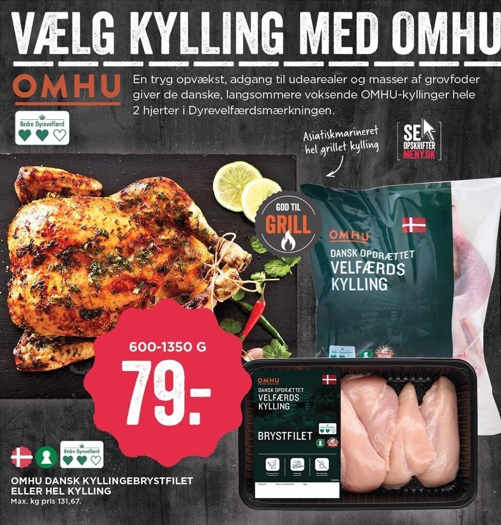 Omhu dansk kyllingebrystfilet el. hel kylling tilbud hos MENY